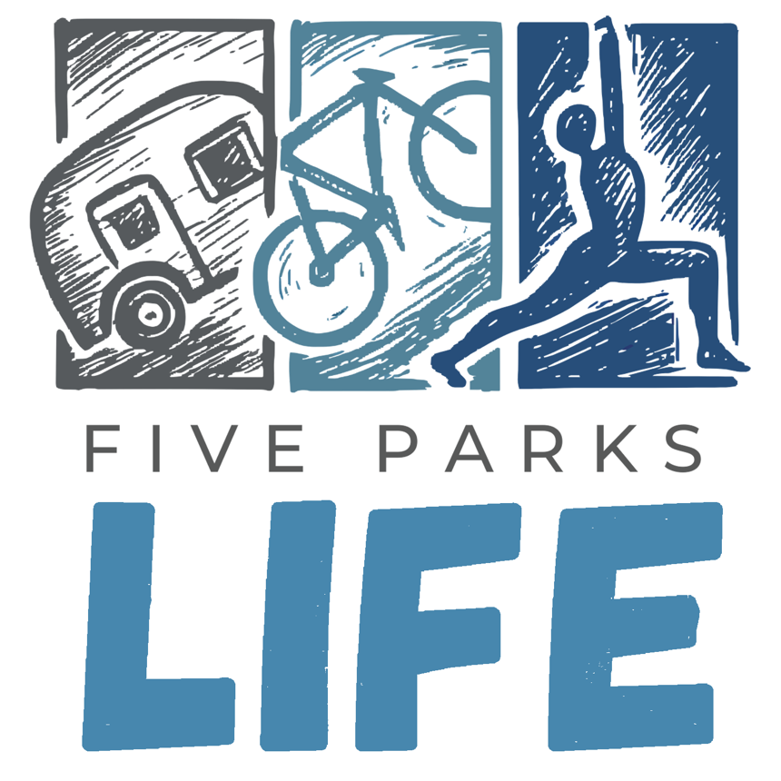 Five Parks Life logo: sketched panels of a camper trailer, a bicycle and a yoga warrior pose above the brand name.