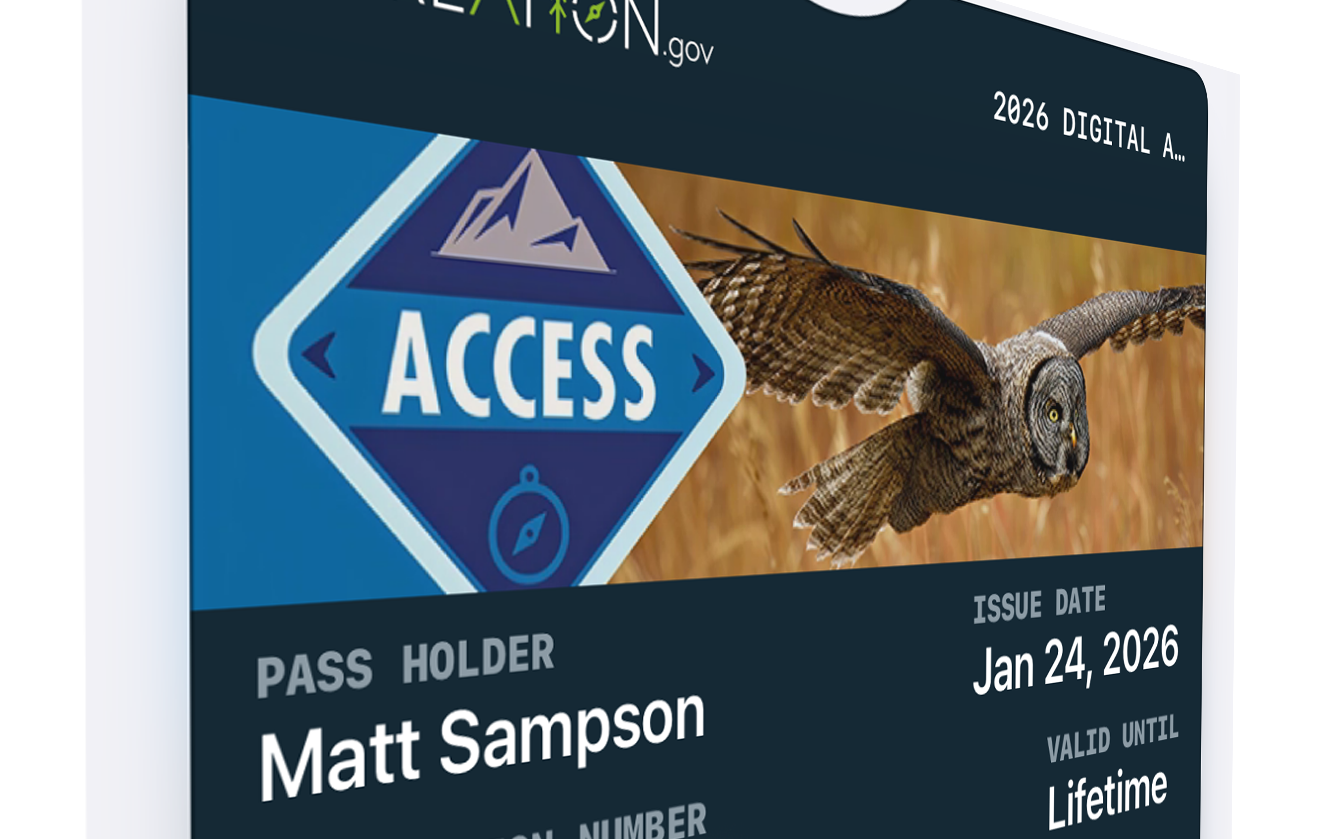 Matt's digital lifetime Access Pass from Recreation.gov, issued January 24, 2026, showing an owl in flight.