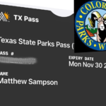 Digital Texas State Parks Pass in Matt's name next to the Colorado Parks and Wildlife logo with a bighorn ram.