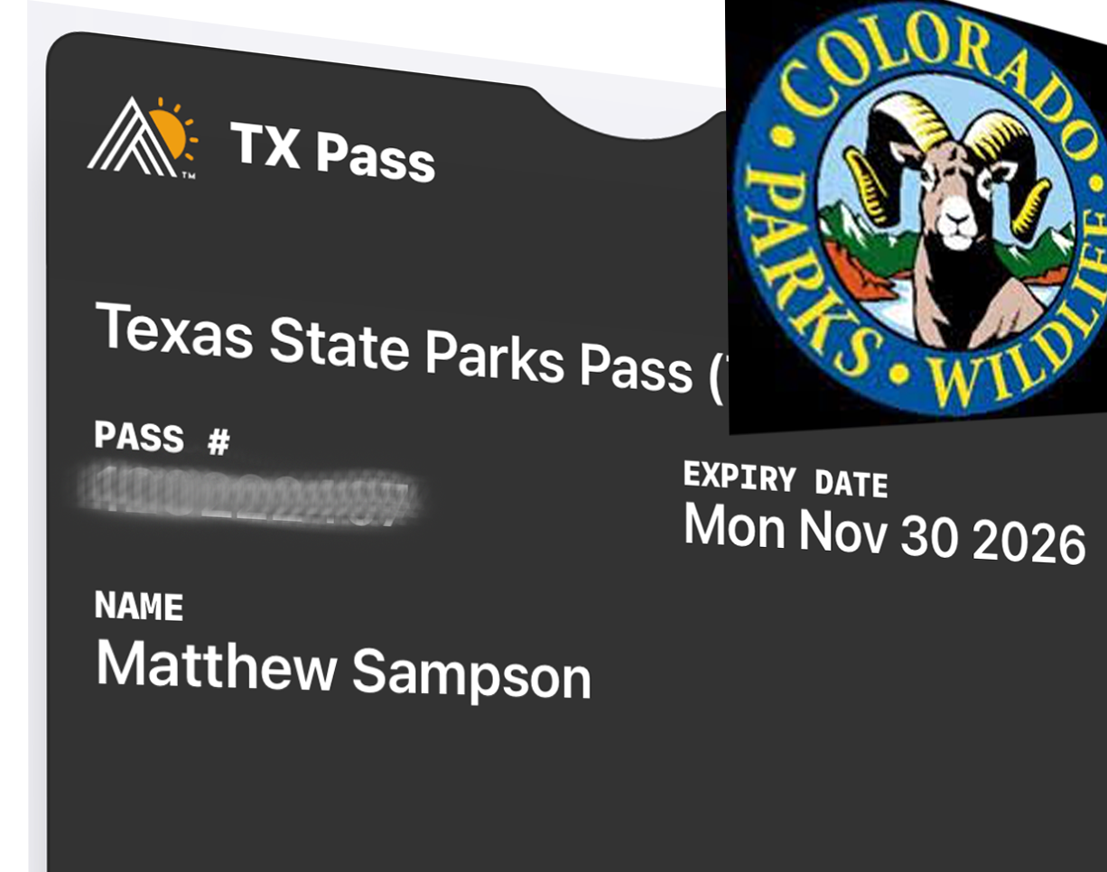 Digital Texas State Parks Pass in Matt's name next to the Colorado Parks and Wildlife logo with a bighorn ram.